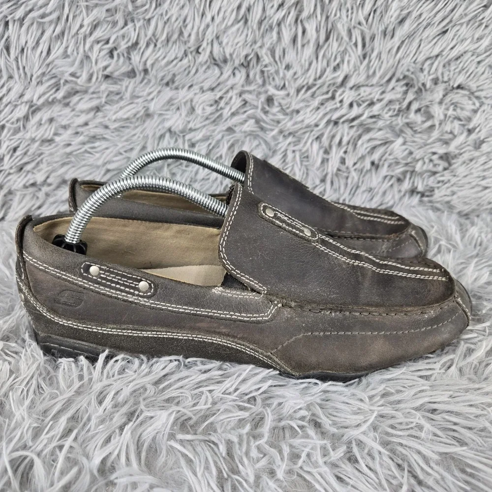 Skechers Mens 10 Charcoal‎ Leather Contrast Stitch Slip On Loafer 62176